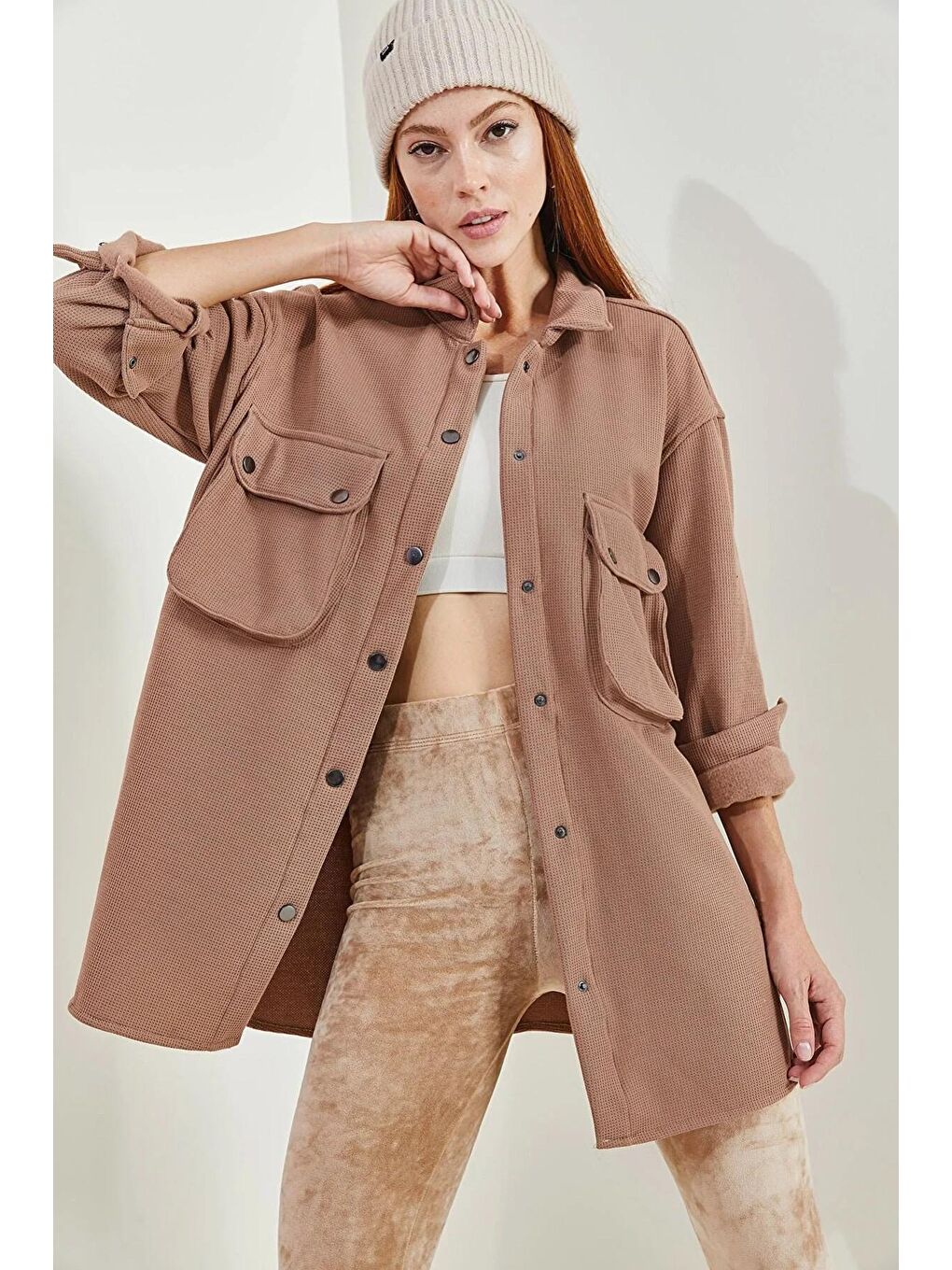 Kahverengi Kadın Şardonlu Waffle Gömlek 4639-3