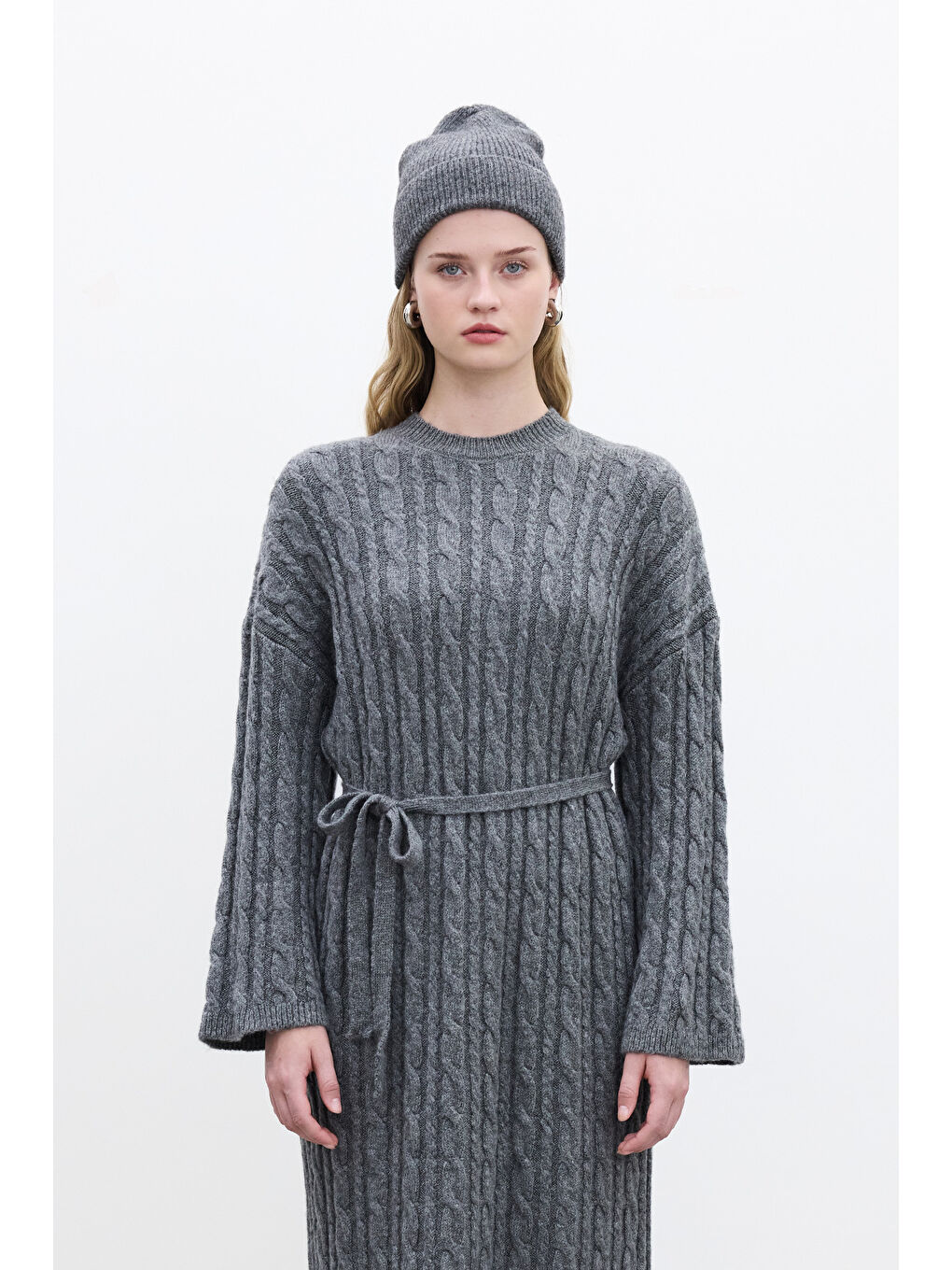 Saç Örgülü Triko Elbise Antrasit-1