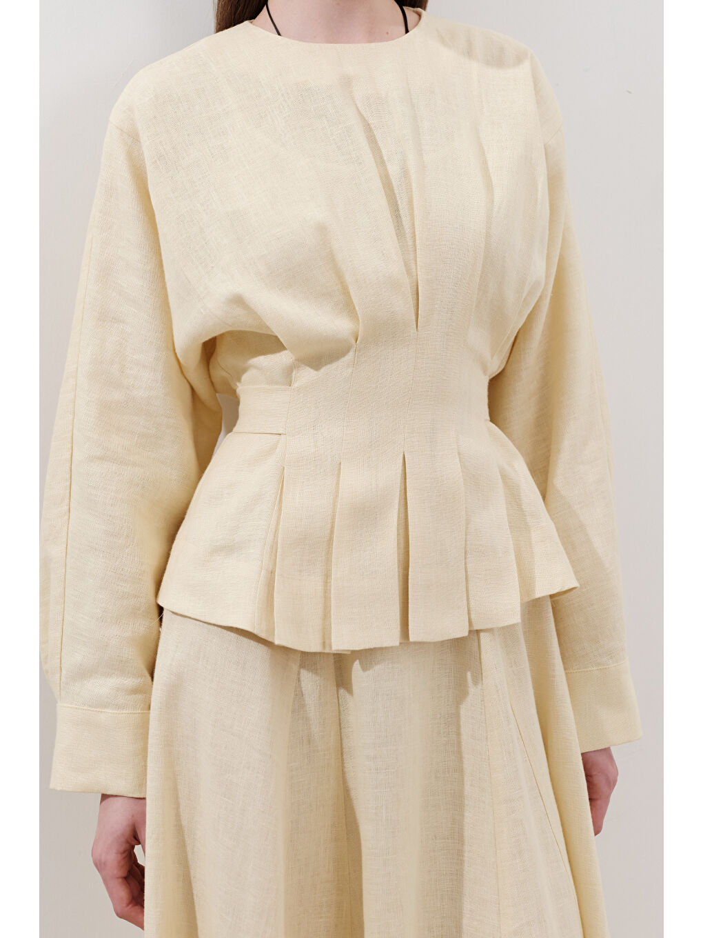 Keten Kruvaze Bağlamalı Bluz Sarı-5