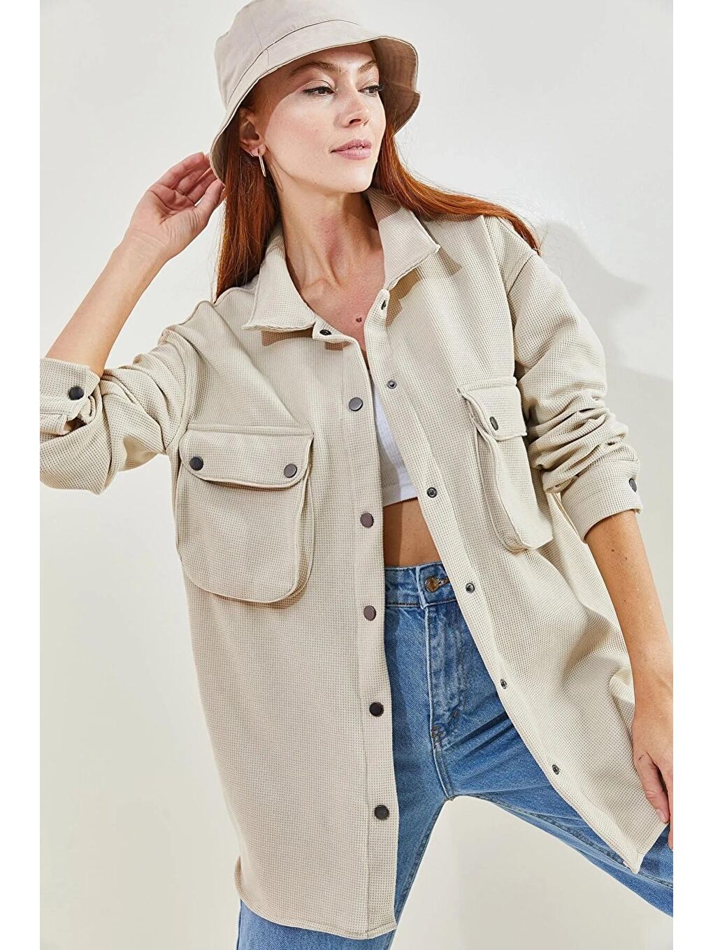 Bej Kadın Şardonlu Waffle Gömlek 4639-1