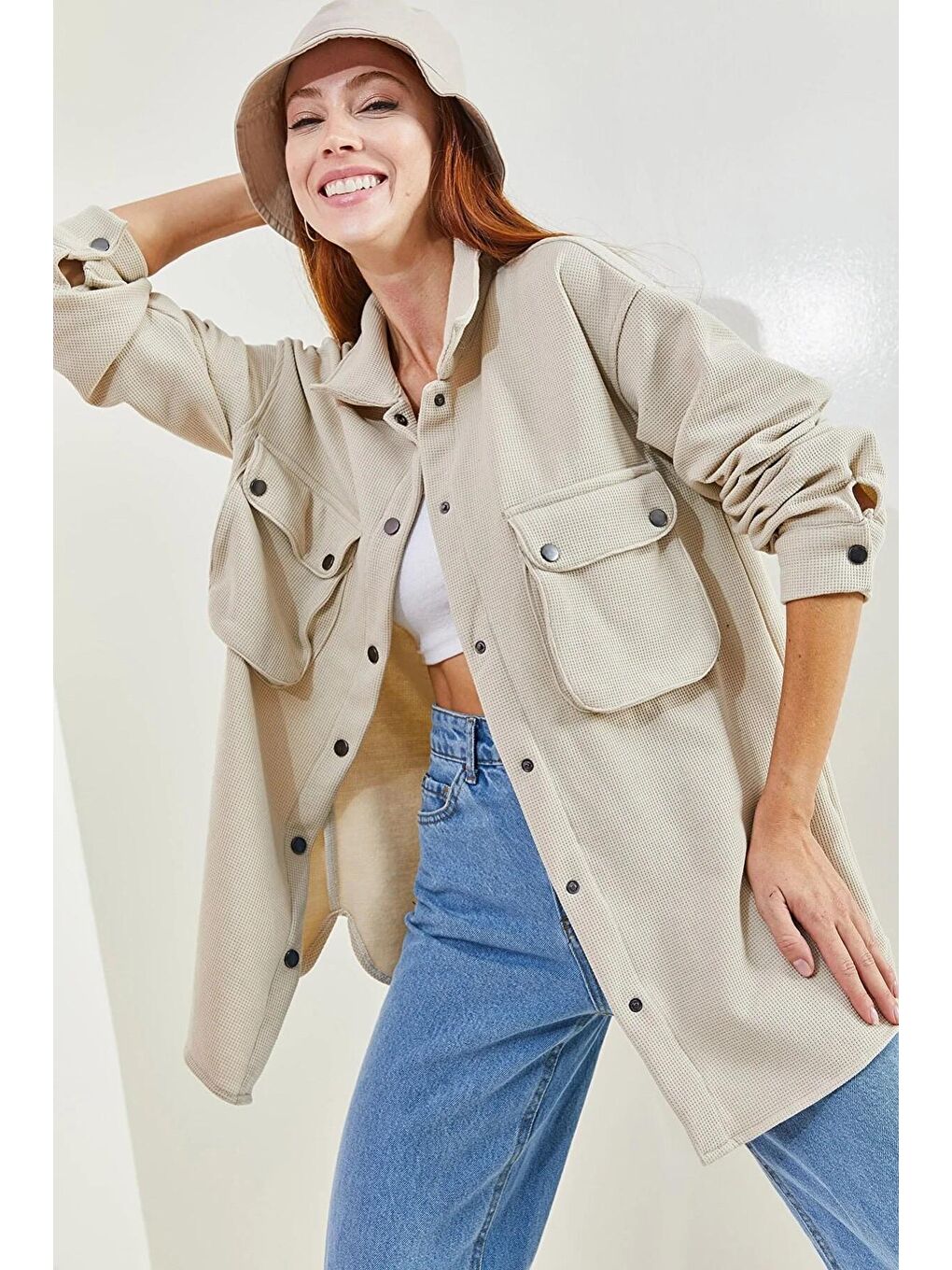 Bej Kadın Şardonlu Waffle Gömlek 4639-2