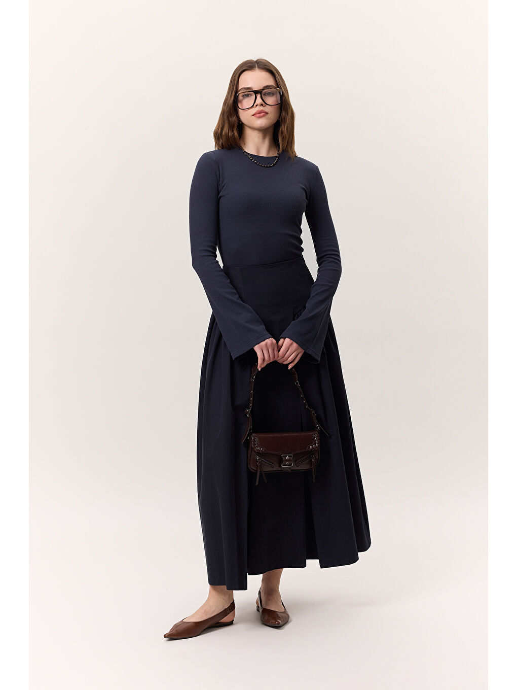 Büzgülü Gabardin Etek Lacivert-1