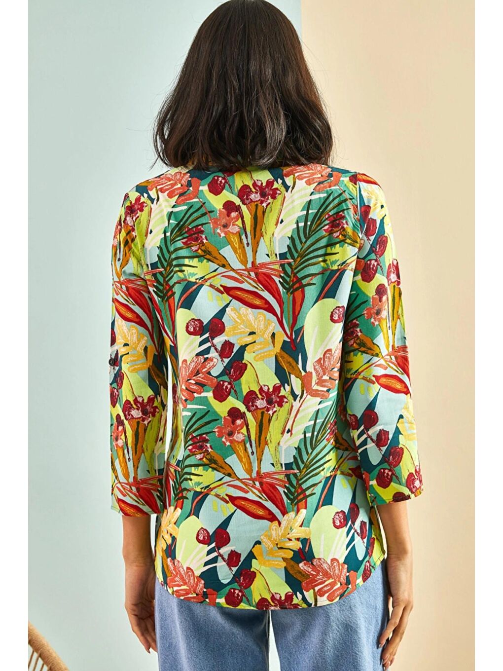 Karışık Kadın Kol Katlamalı Multi Desenli Viskon Gömlek-1