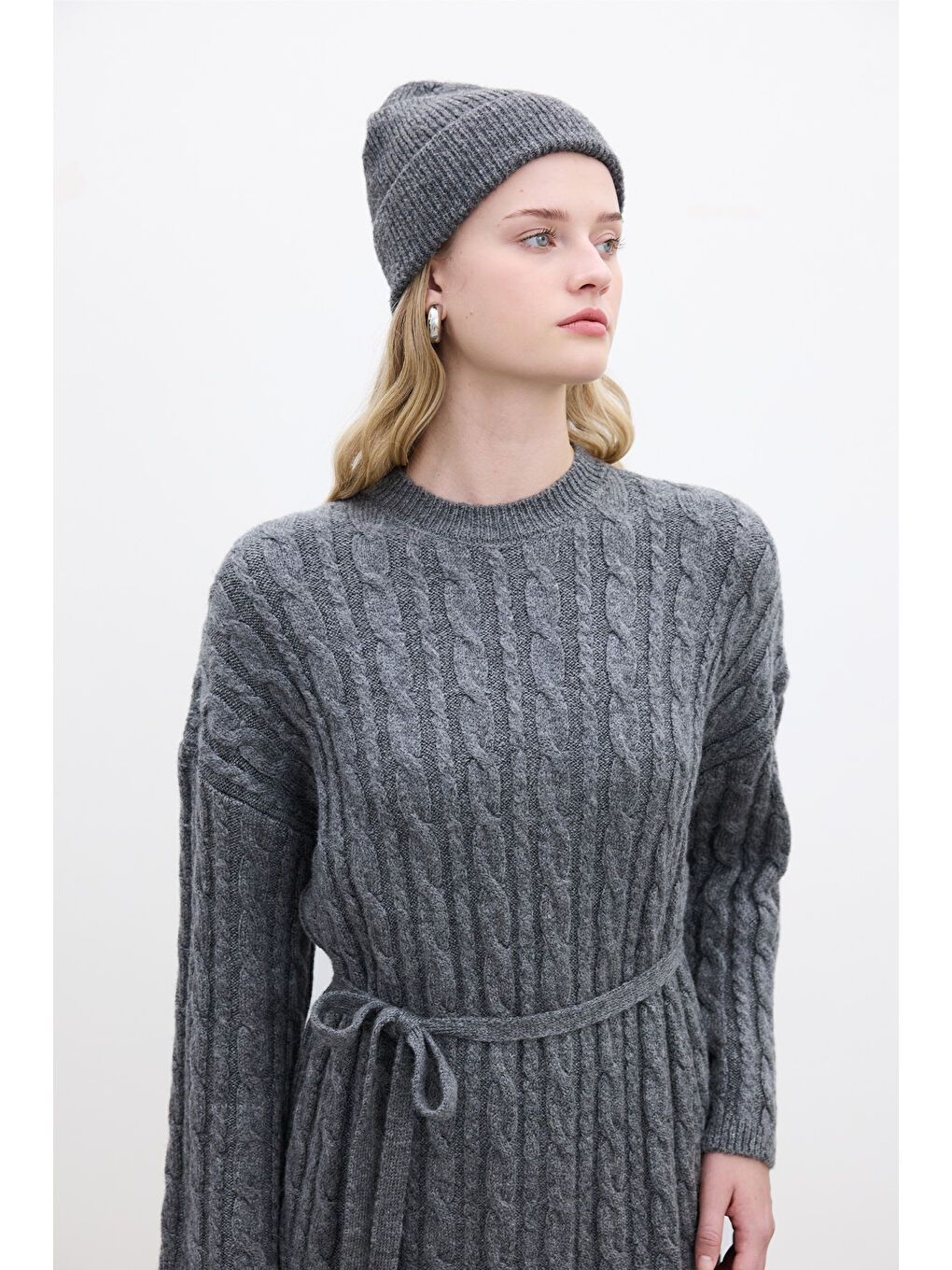 Saç Örgülü Triko Elbise Antrasit-4