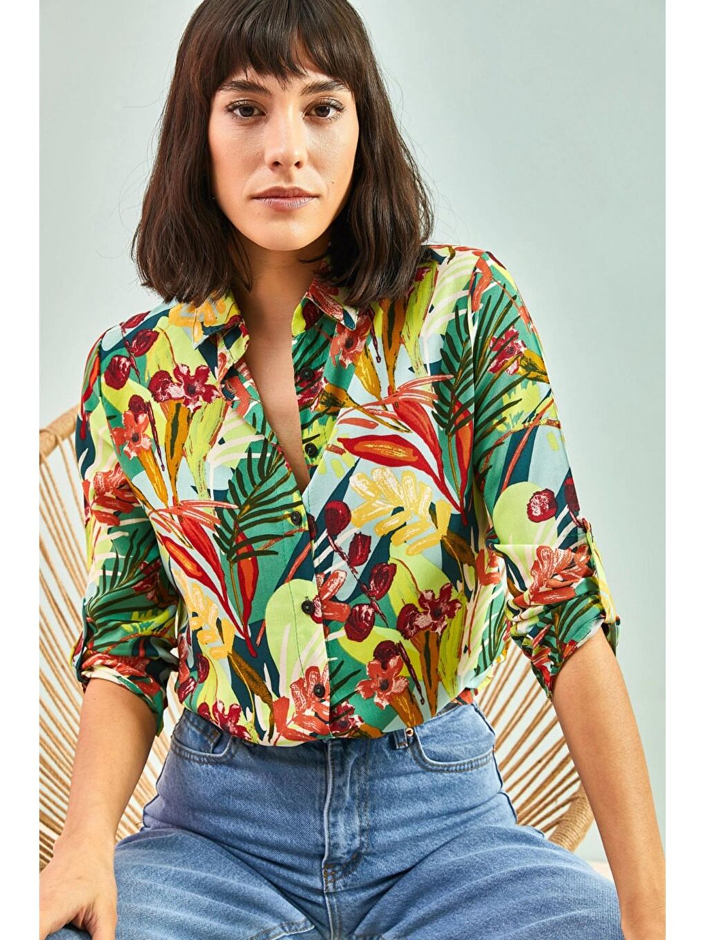 Karışık Kadın Kol Katlamalı Multi Desenli Viskon Gömlek-2