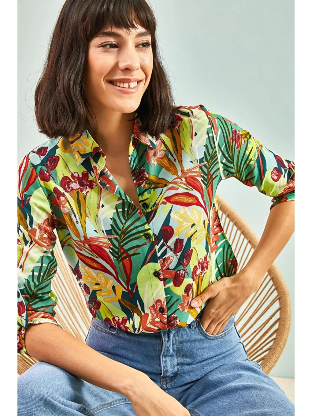 Karışık Kadın Kol Katlamalı Multi Desenli Viskon Gömlek-3