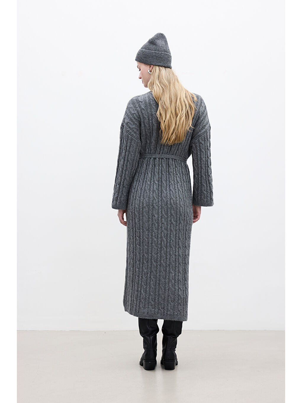 Saç Örgülü Triko Elbise Antrasit-5