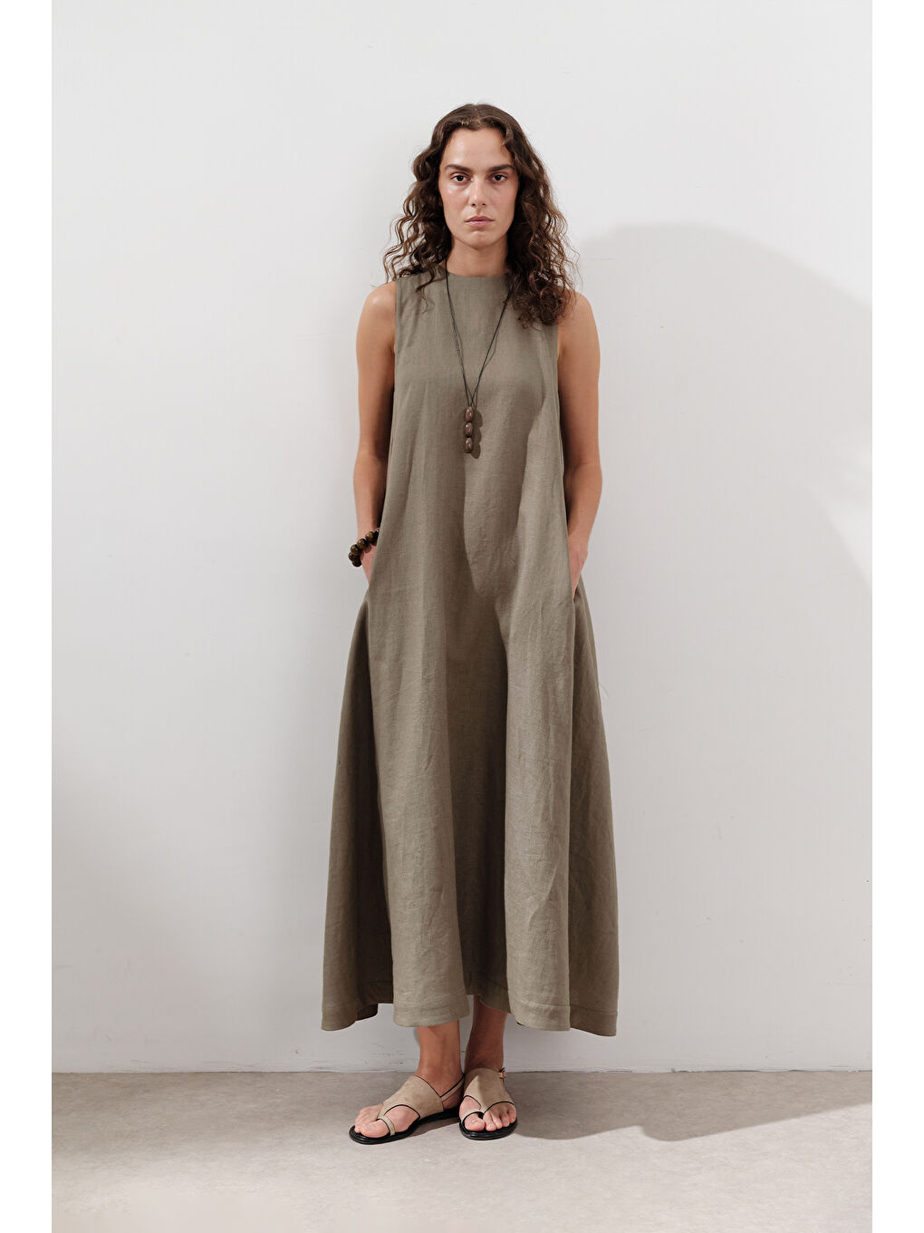 Keten Büzgülü Geniş Elbise Haki-1
