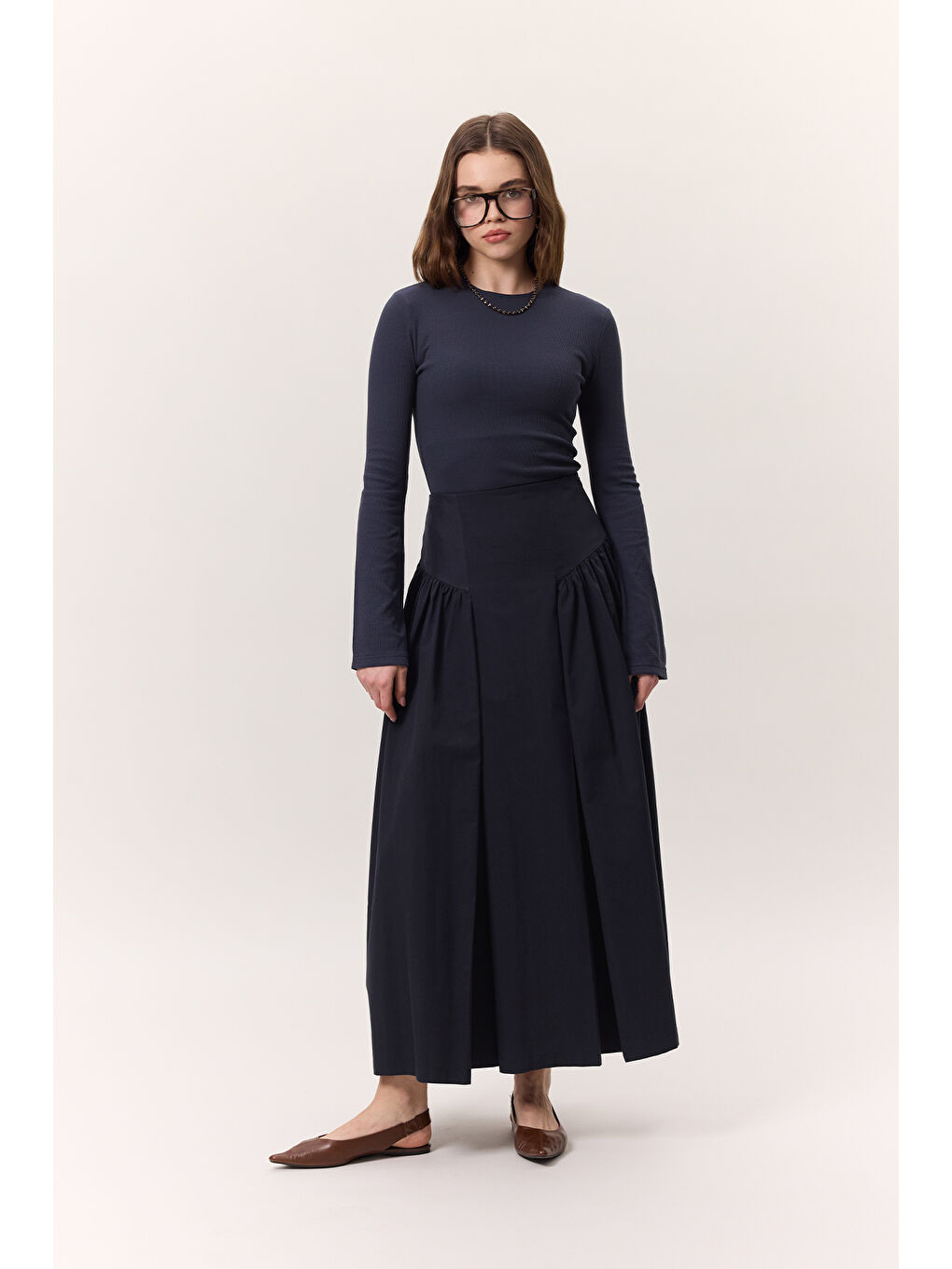 Büzgülü Gabardin Etek Lacivert-3