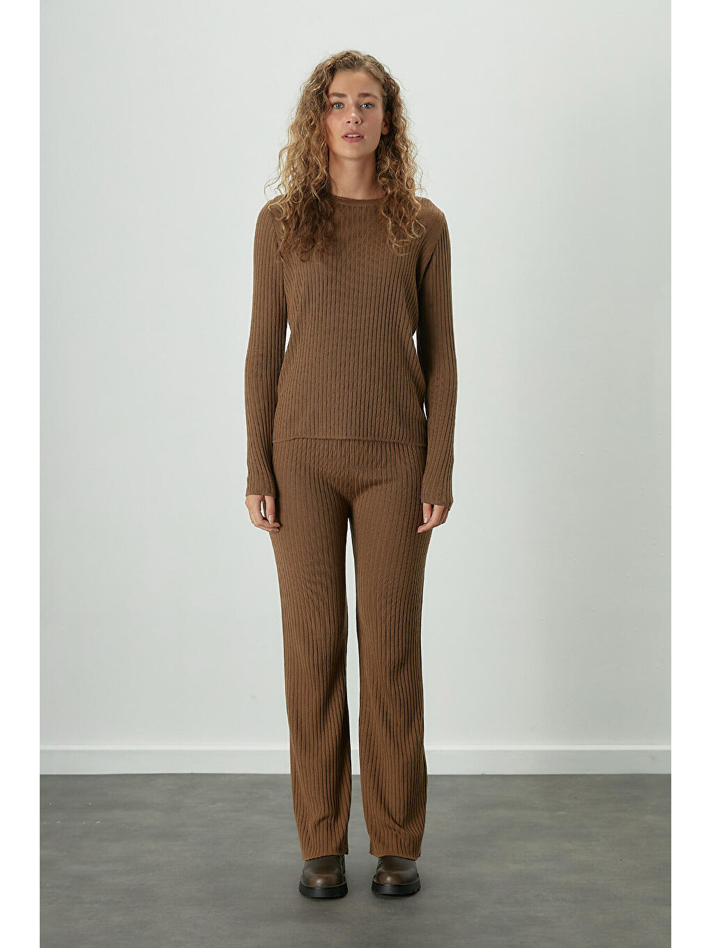 Kahverengi Fitilli Rahat Triko Pantolon Camel-1