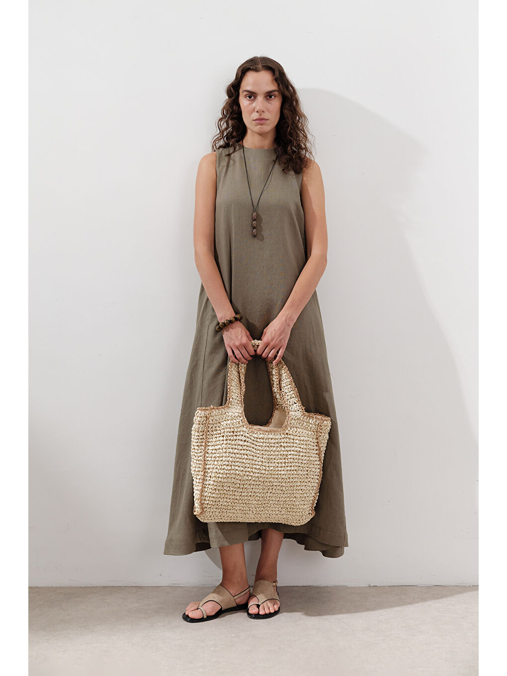 Keten Büzgülü Geniş Elbise Haki-2