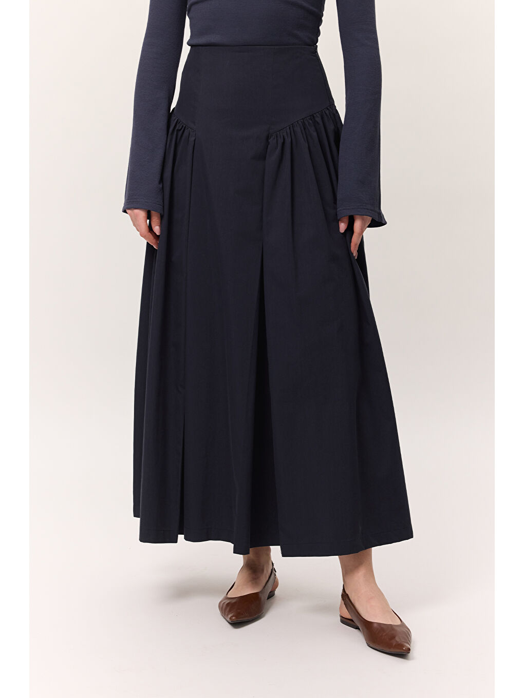 Büzgülü Gabardin Etek Lacivert-5