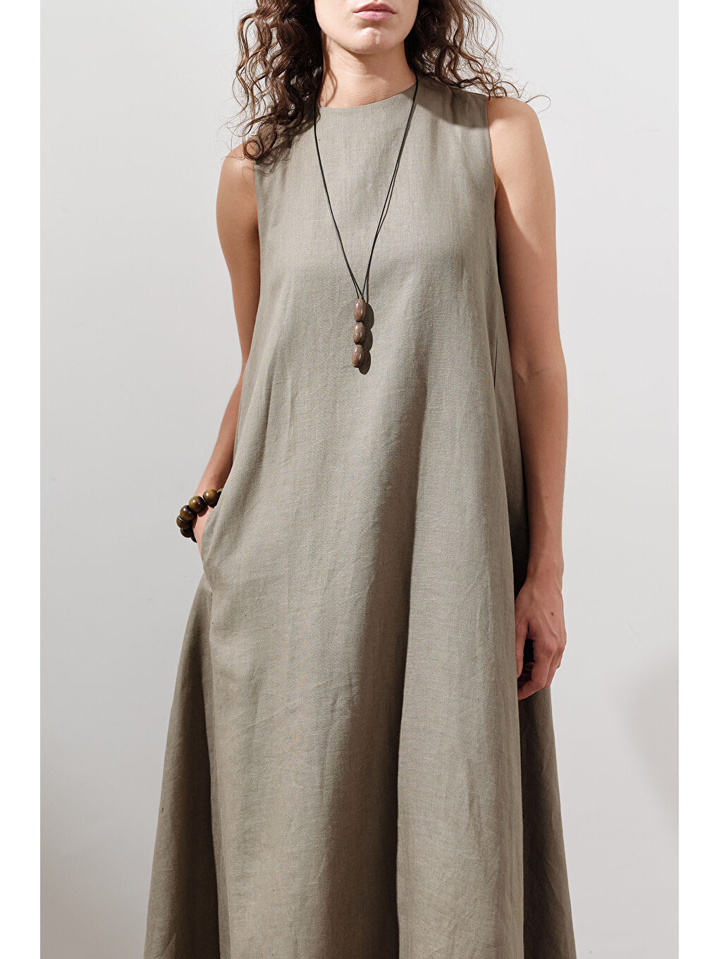 Keten Büzgülü Geniş Elbise Haki-3