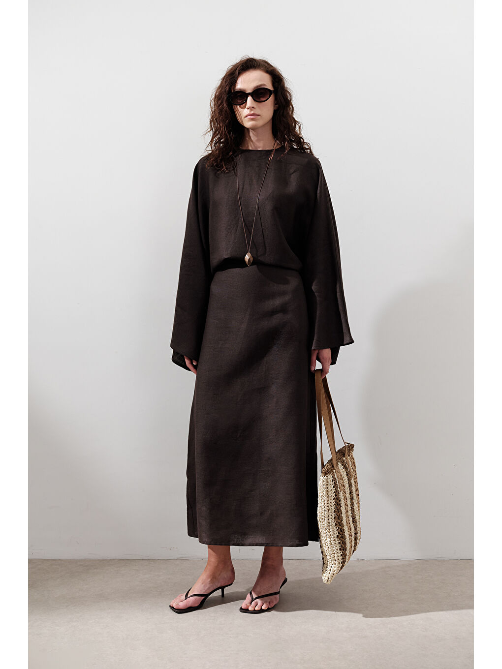 Kahverengi Keten Geniş Bağlamalı Elbise Acı Kahve-1