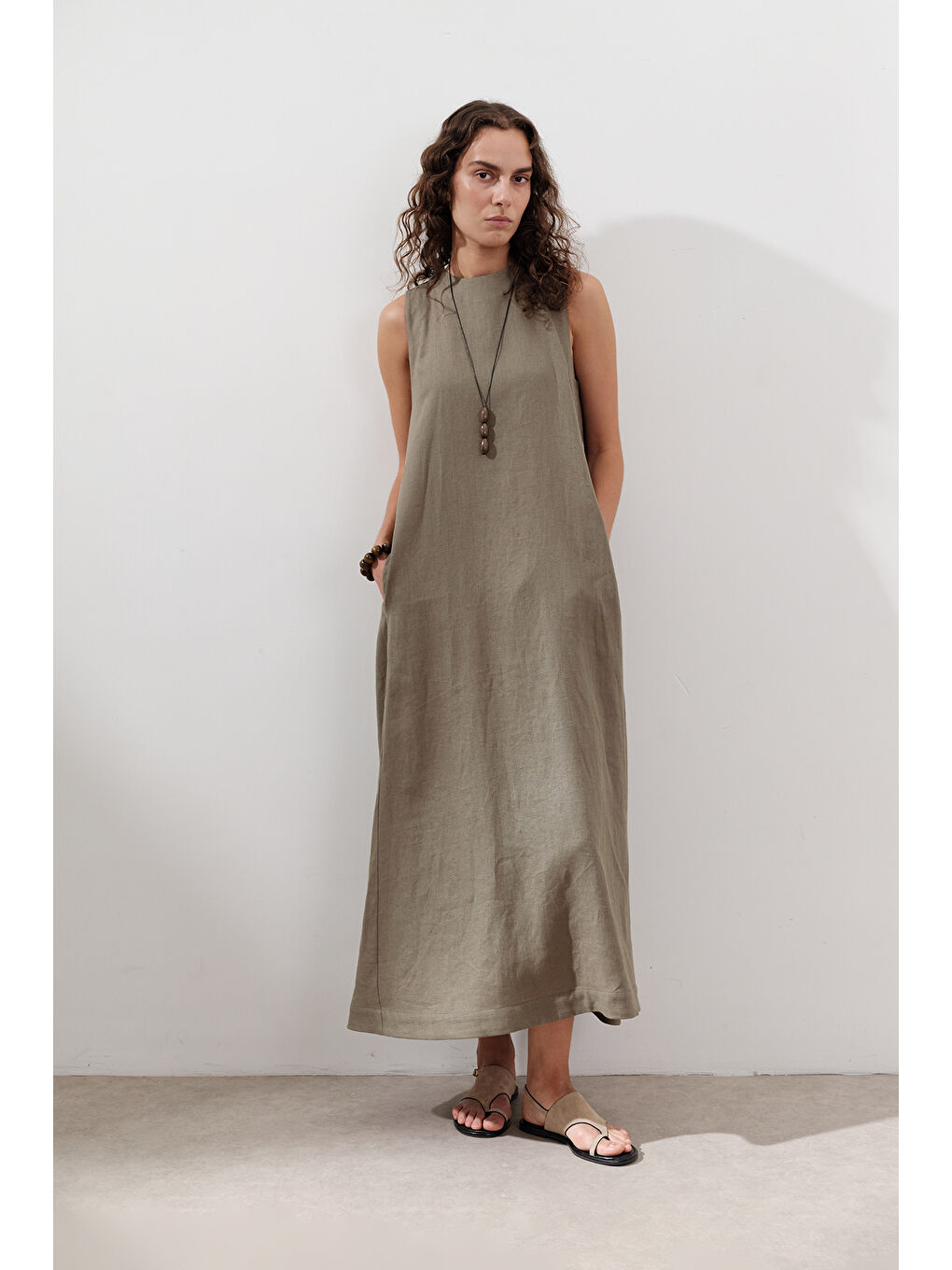 Keten Büzgülü Geniş Elbise Haki-4