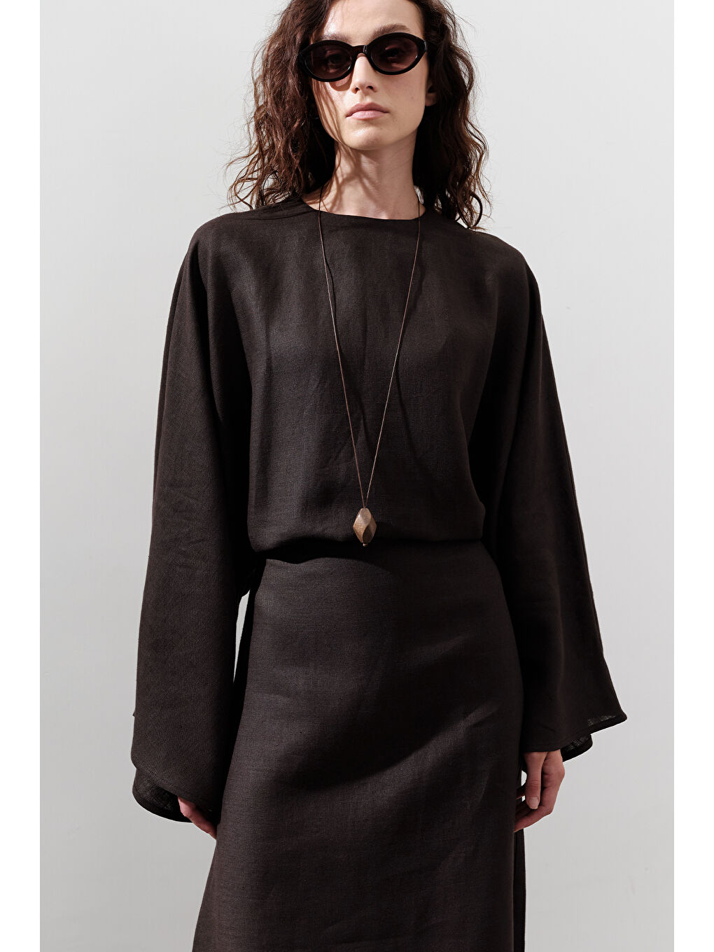 Kahverengi Keten Geniş Bağlamalı Elbise Acı Kahve-2