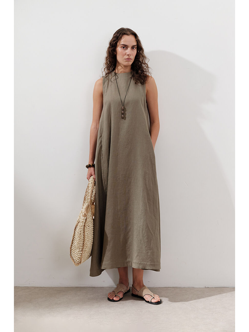 Keten Büzgülü Geniş Elbise Haki-5
