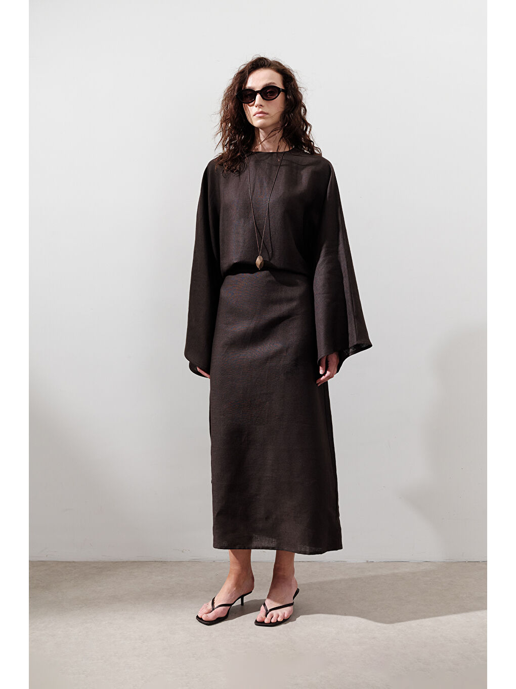 Kahverengi Keten Geniş Bağlamalı Elbise Acı Kahve-3