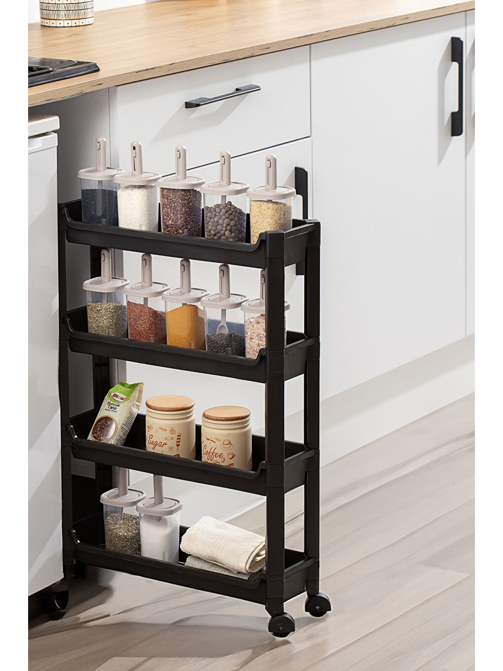 RAFTY-66-ECO-1 Tekerlekli 4 Katlı Düzenleyici- Banyo Mutfak Organizer Raf-Siyah-1