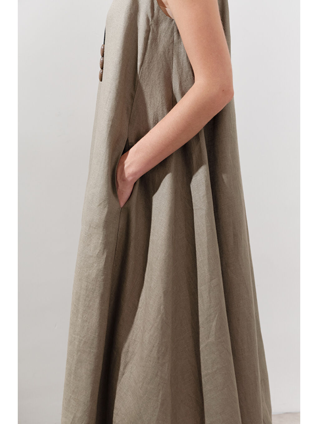 Keten Büzgülü Geniş Elbise Haki-6
