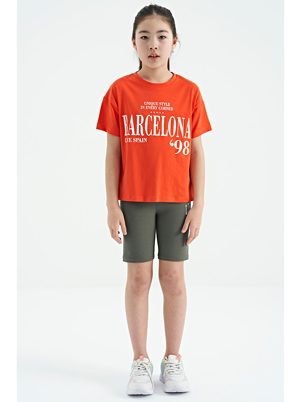 Kırmızı Portakal O Yaka Yazı Baskılı Düşük Omuz Oversize Kız Çocuk Tişört - 75115-2