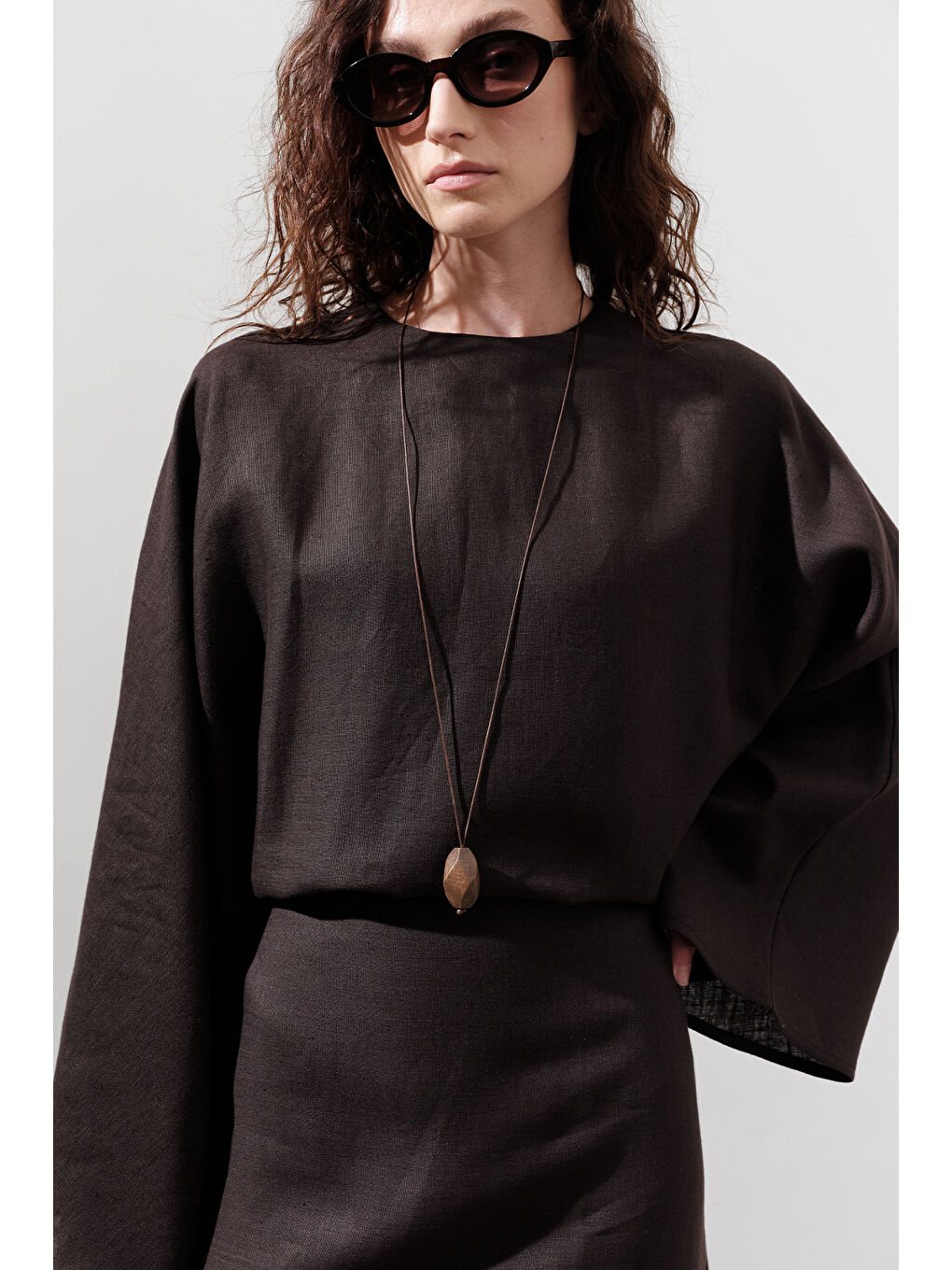 Kahverengi Keten Geniş Bağlamalı Elbise Acı Kahve-4