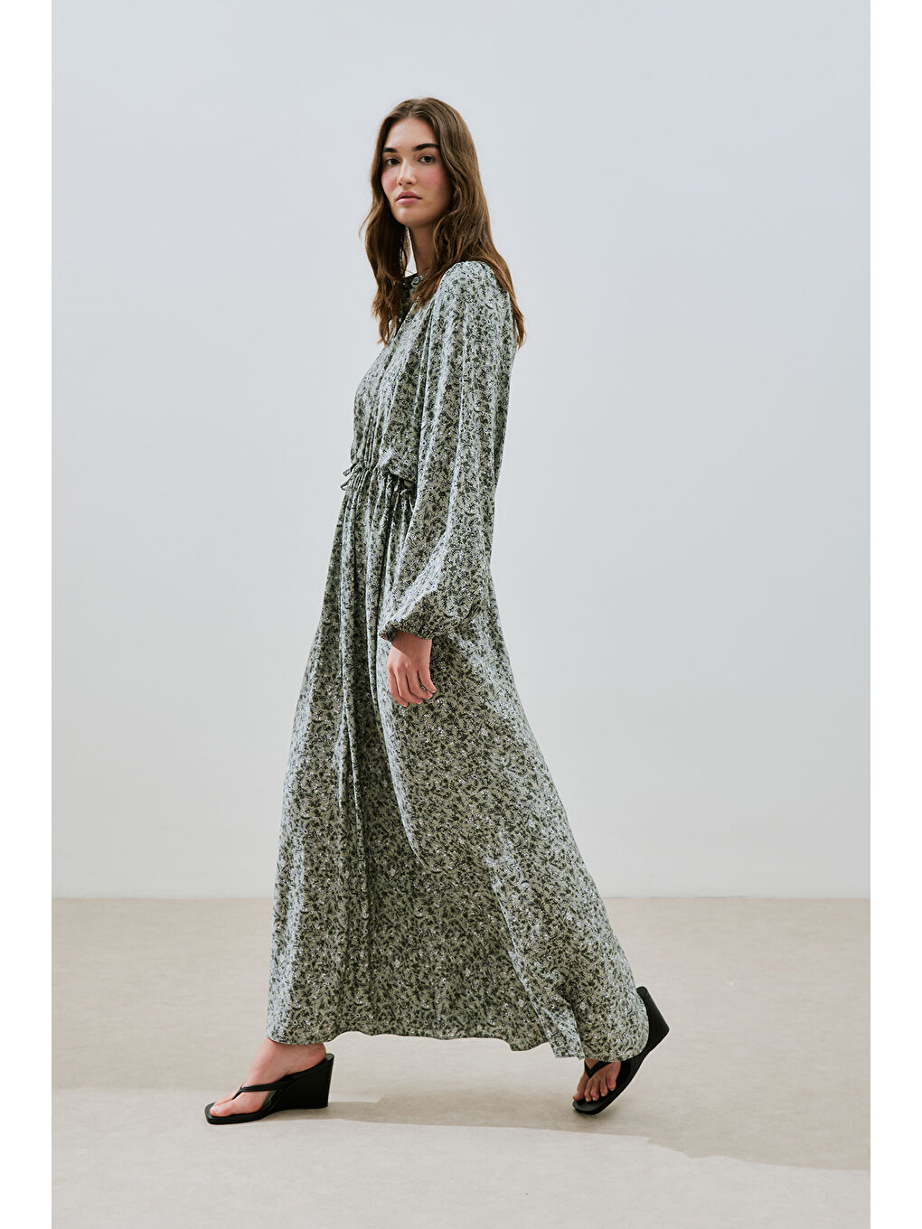 Yeşil Desenli Viskon Bağlamalı Elbise Lıly Çağla-3