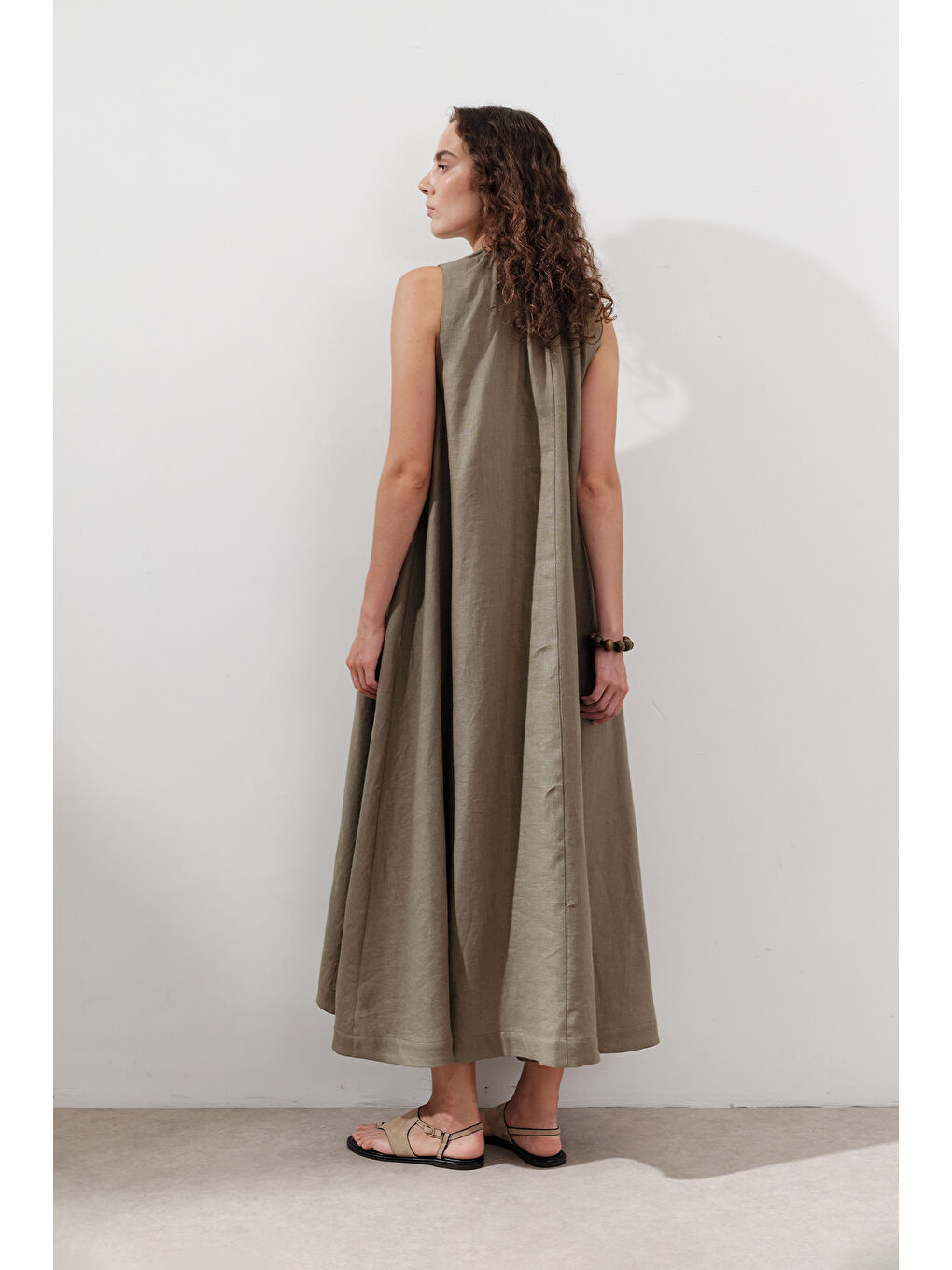 Keten Büzgülü Geniş Elbise Haki-7