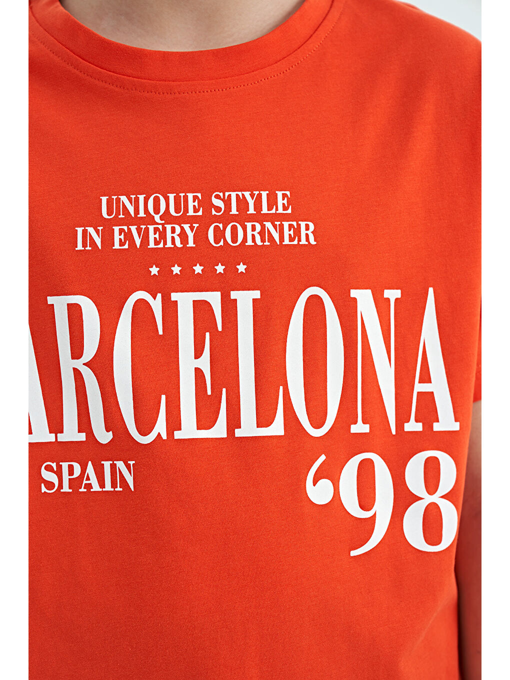 Kırmızı Portakal O Yaka Yazı Baskılı Düşük Omuz Oversize Kız Çocuk Tişört - 75115-4