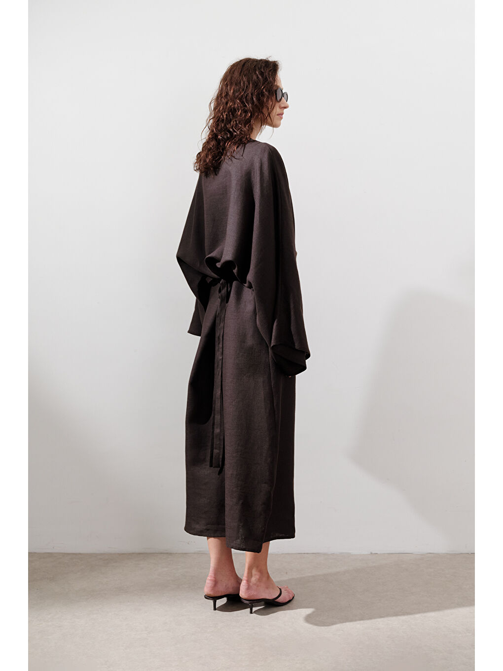 Kahverengi Keten Geniş Bağlamalı Elbise Acı Kahve-5