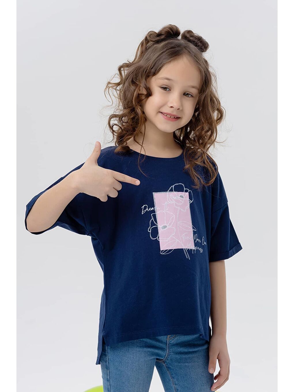 Kız Çocuk Tişört Çiçek Baskılı Lacivert (8-10 Yaş)