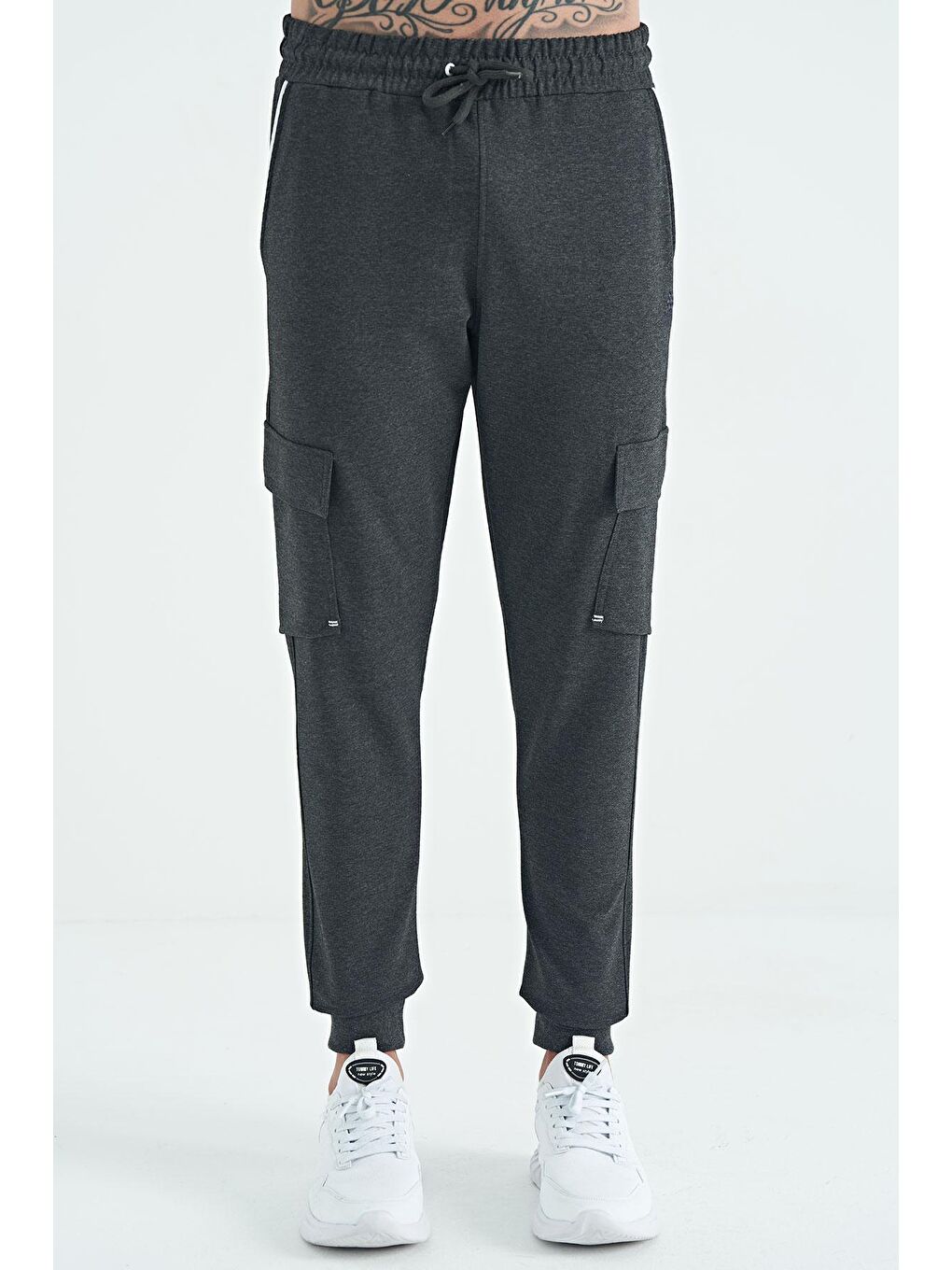 Antrasit Melanj Logo Nakış Detaylı Kargo Cepli Erkek Jogger Eşofman Alt - 84959