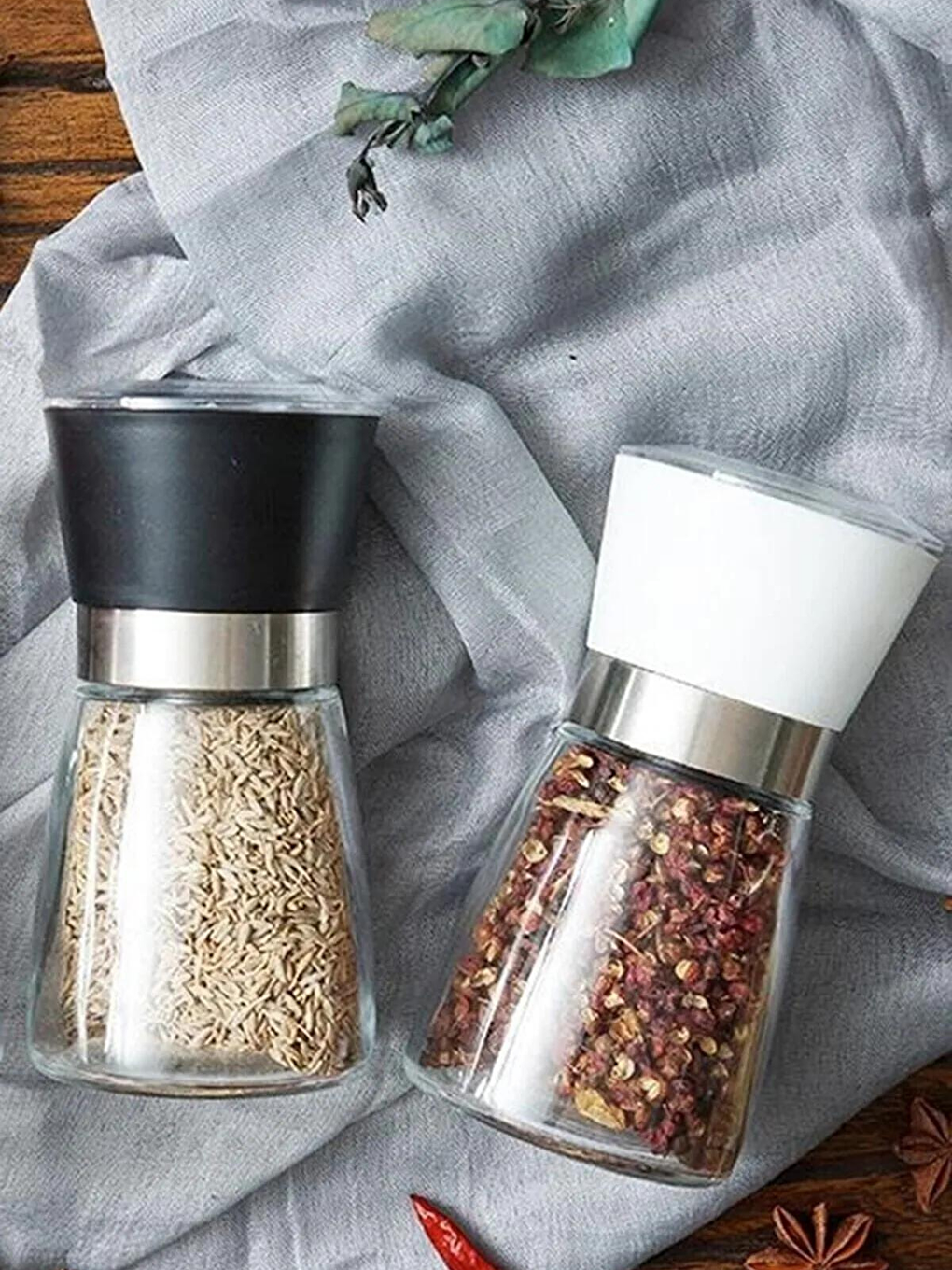 Baharat Öğütücüsü Cam Gövdeli Kapaklı 10 cm 2 Adet Siyah Beyaz-3