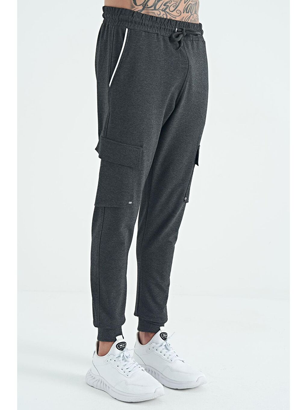 Antrasit Melanj Logo Nakış Detaylı Kargo Cepli Erkek Jogger Eşofman Alt - 84959-2