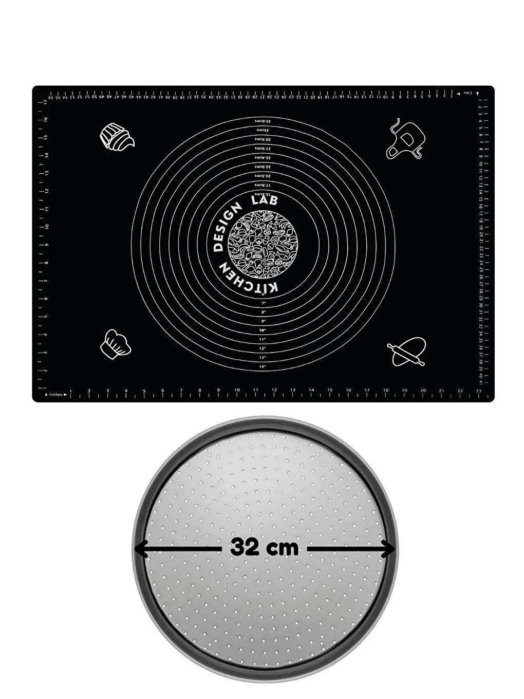 2'li Set Siyah 45x65 cm Silikon Hamur Açma Matı ve Pizza Tepsisi 32 cm