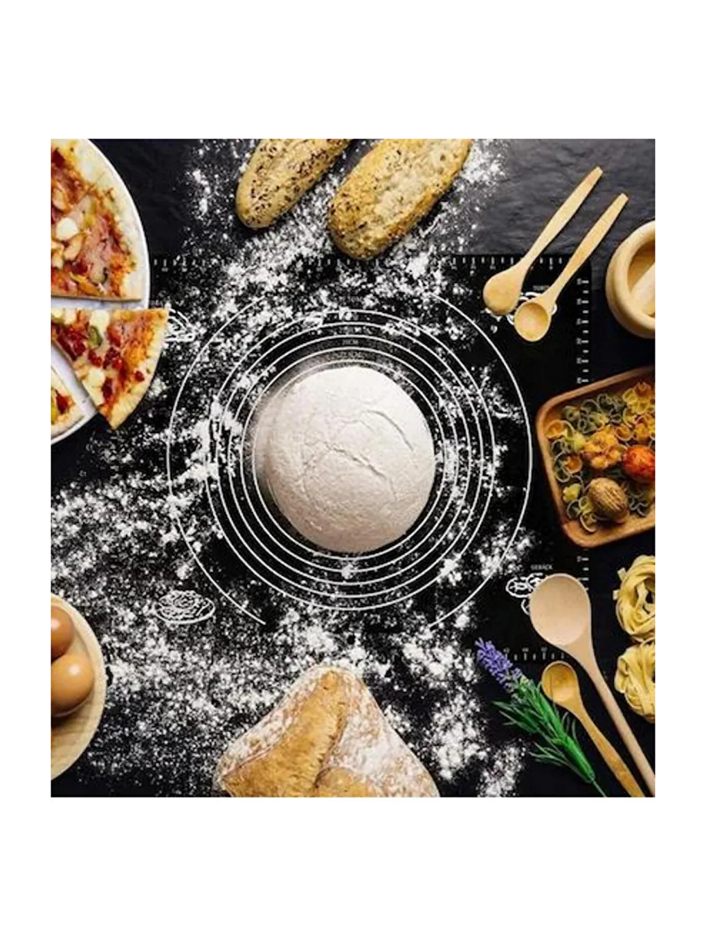 2'li Set Siyah 45x65 cm Silikon Hamur Açma Matı ve Pizza Tepsisi 32 cm-5