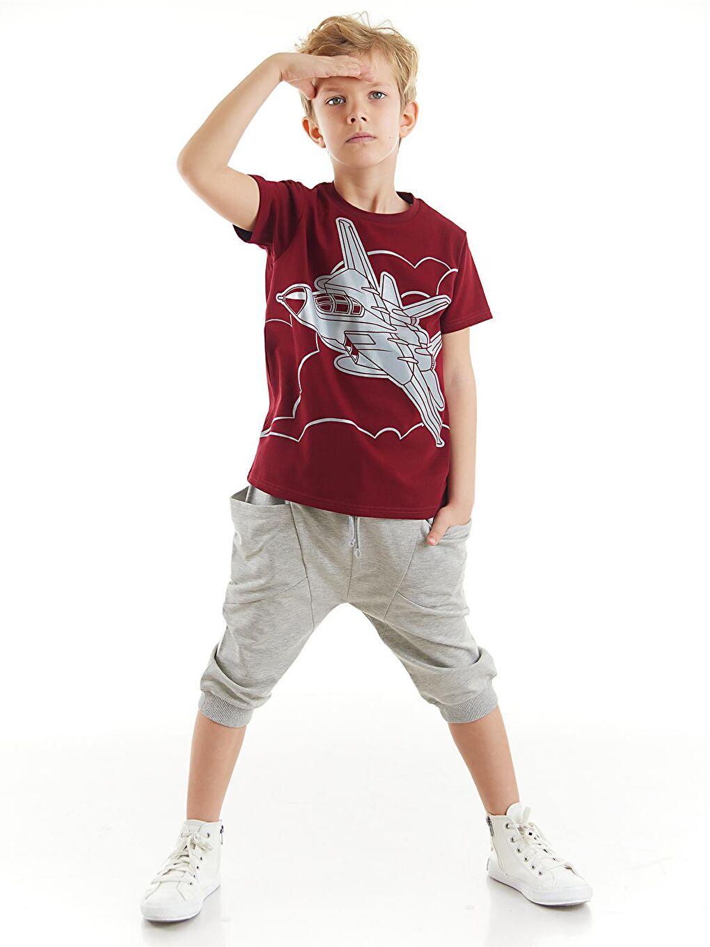 Karışık Uçak Erkek Çocuk Tişört Kapri Şort Takım