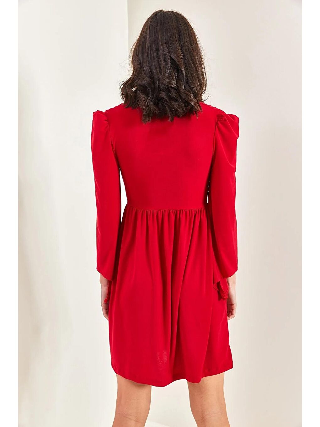 Kırmızı Kadın V Yaka Asimetrik Kol Candy Kumaş Elbise-3