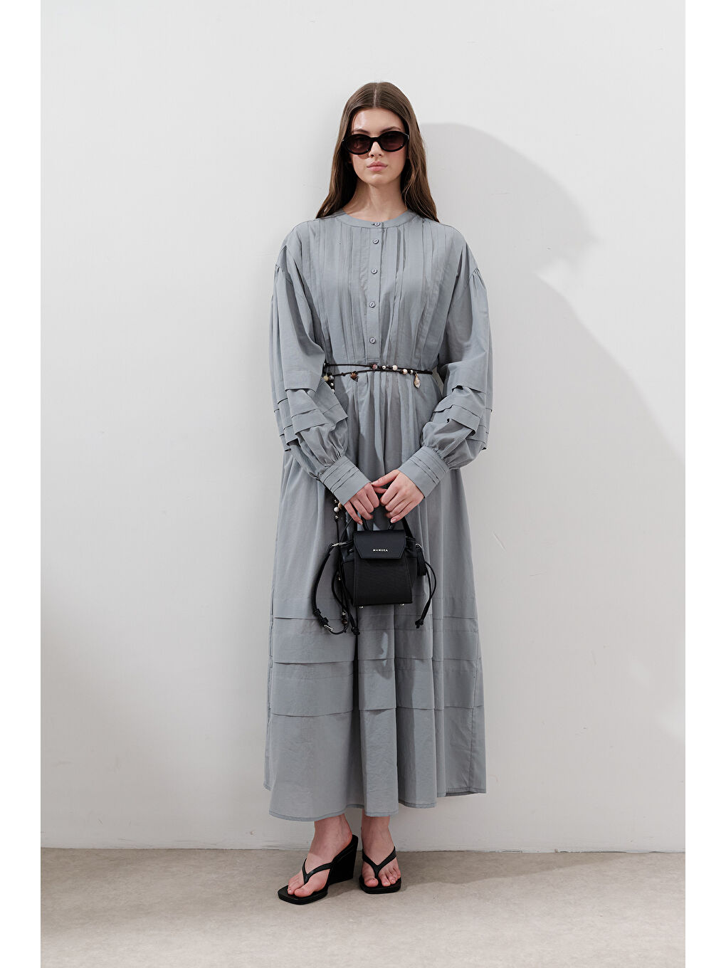 Nervürlü Geniş Elbise Mavi-2