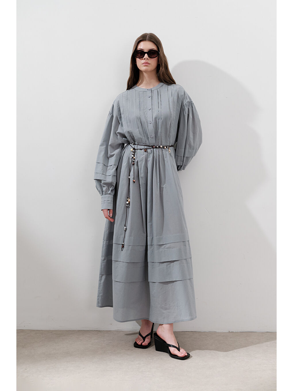 Nervürlü Geniş Elbise Mavi-4