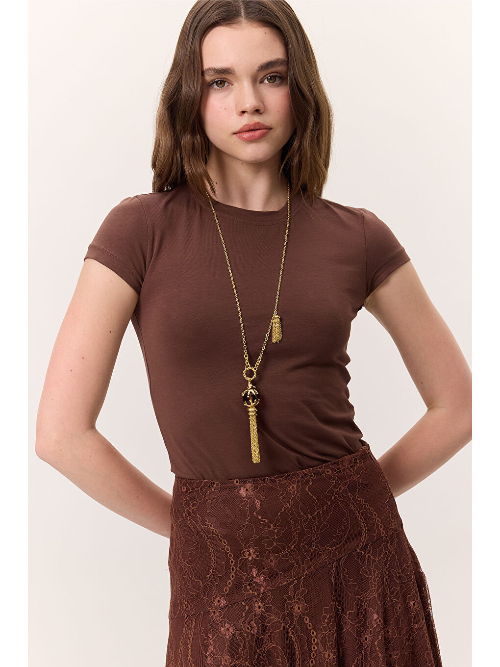 Kısa Kollu Elastanlı Body Kahverengi