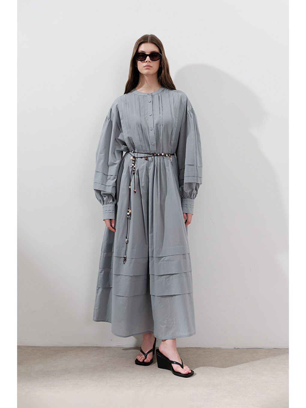 Nervürlü Geniş Elbise Mavi-5