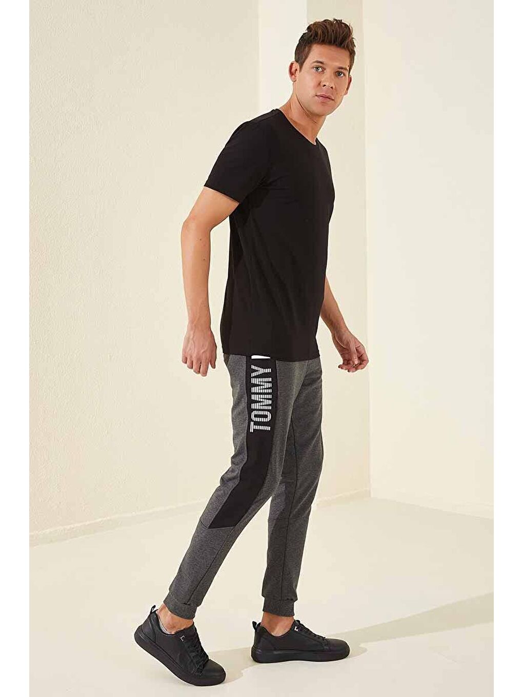 Antrasit Melanj Yazı Baskılı Standart Kalıp Jogger Erkek Eşofman Alt - 84647