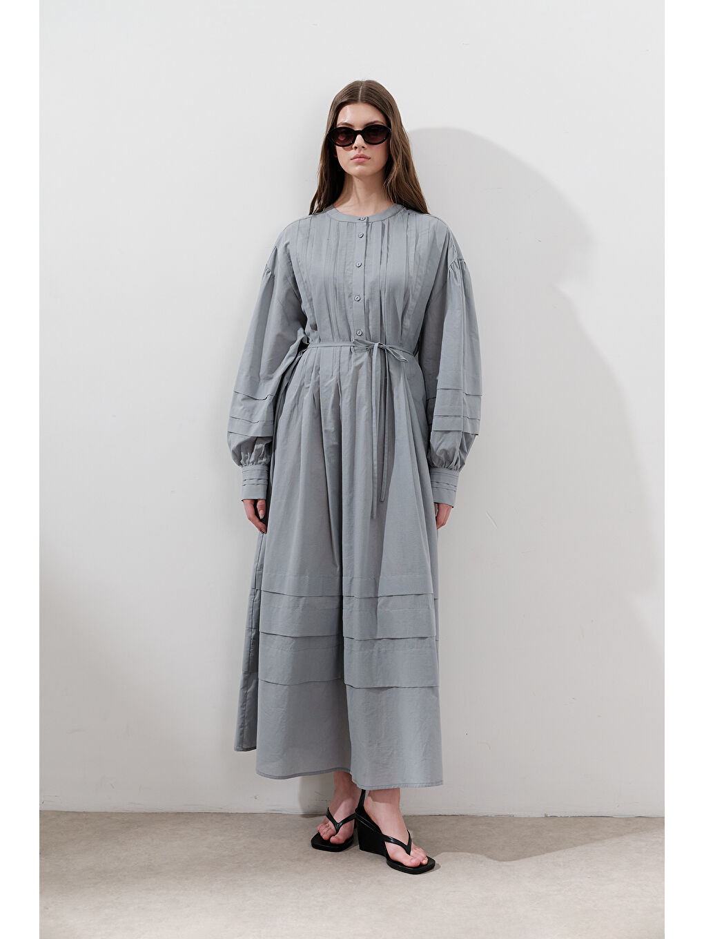 Nervürlü Geniş Elbise Mavi-6