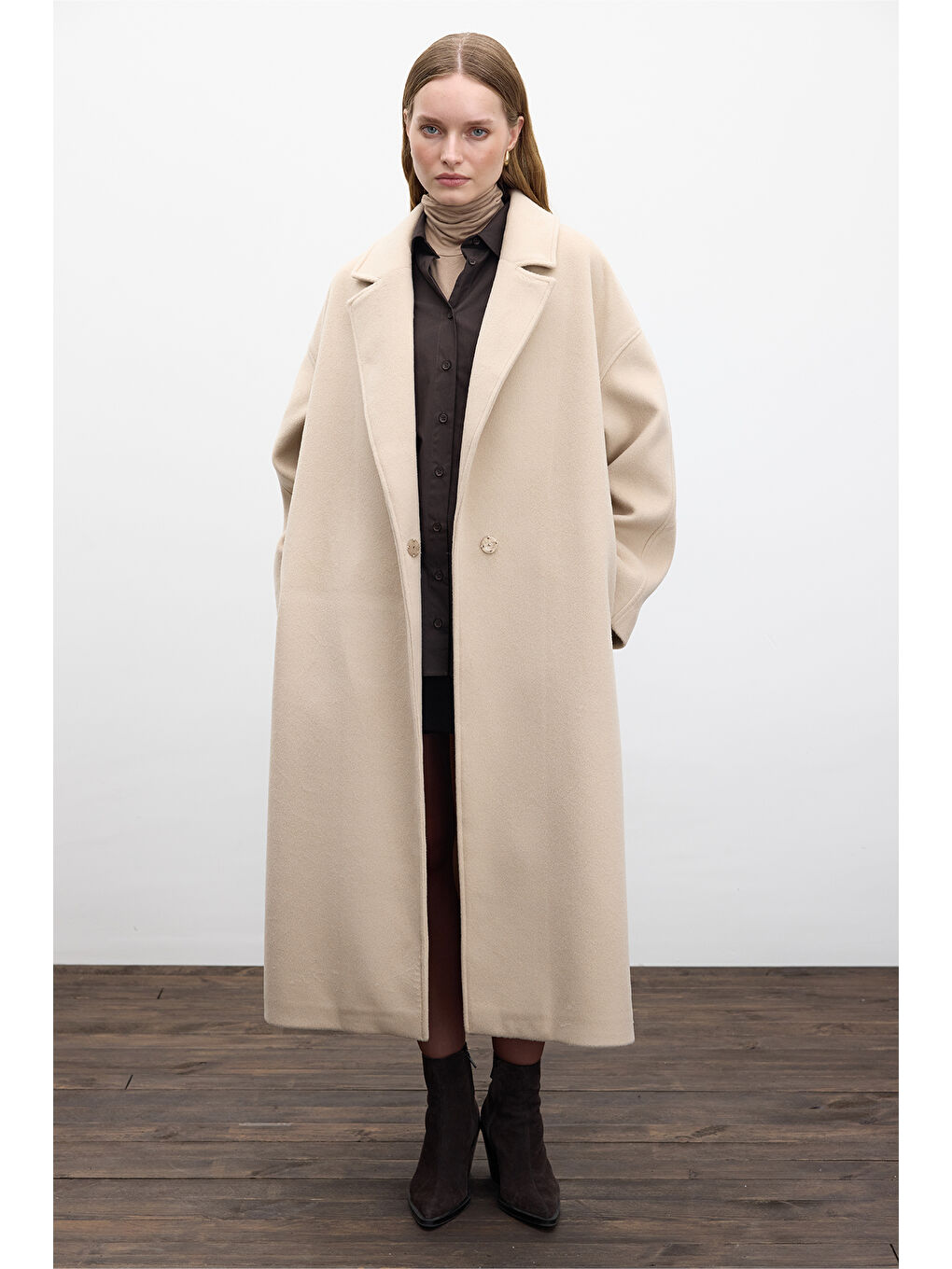 Bej Düz Kapama Kaşe Kaban Deve Tüyü-2