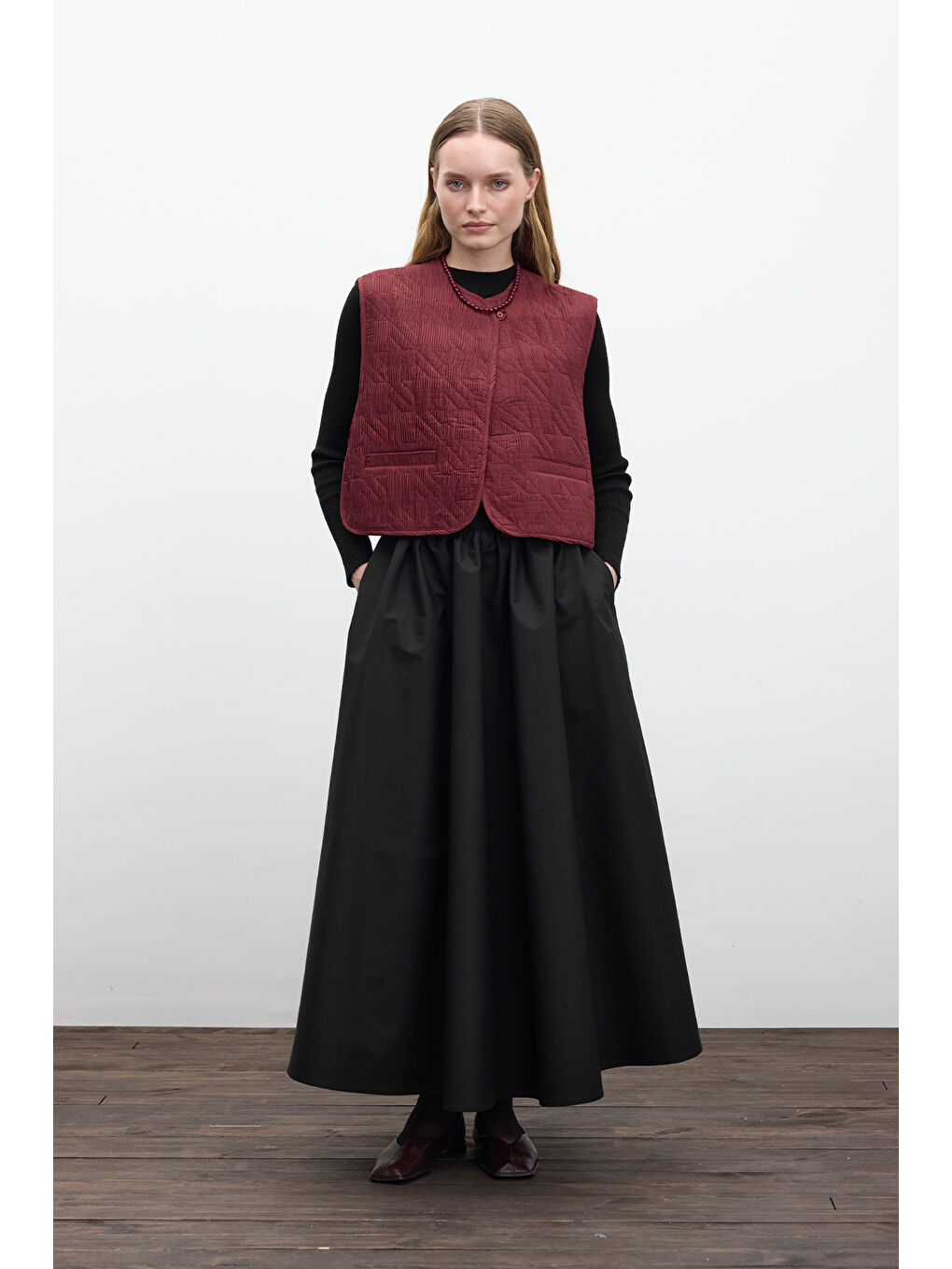 Kapitone Nakışlı Yelek Bordo-1