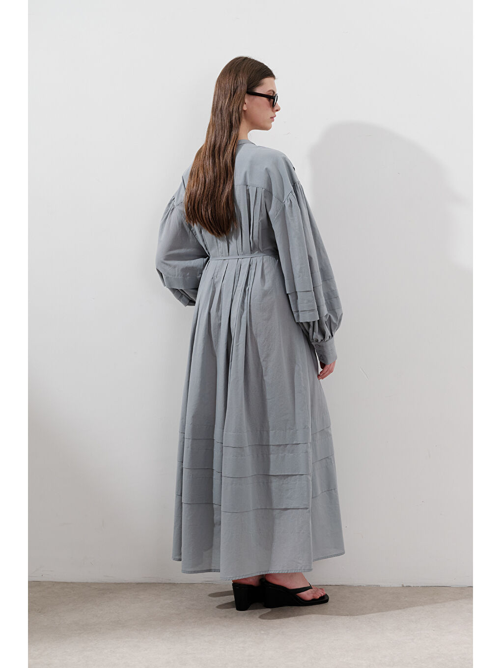 Nervürlü Geniş Elbise Mavi-7