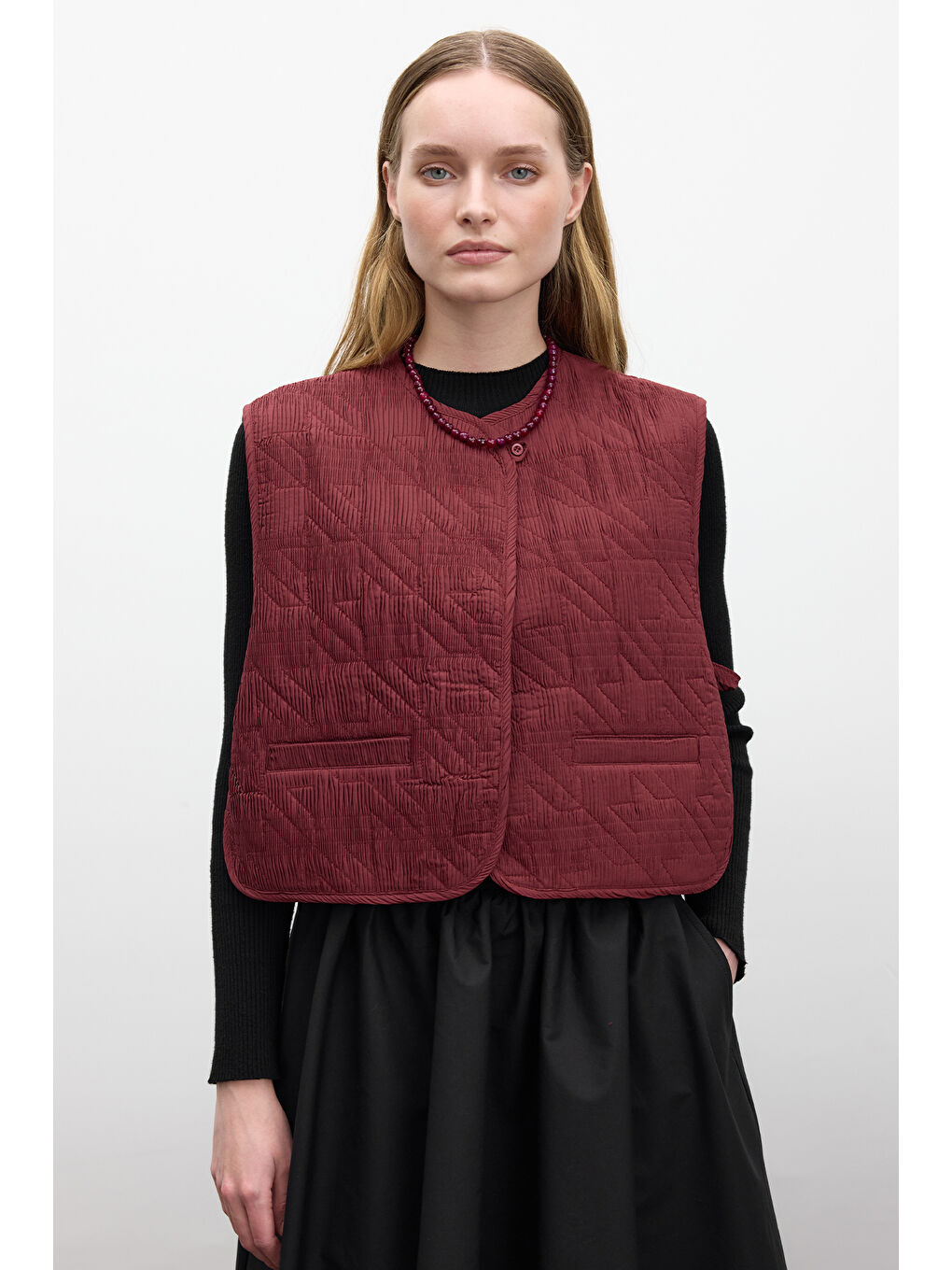 Kapitone Nakışlı Yelek Bordo-2