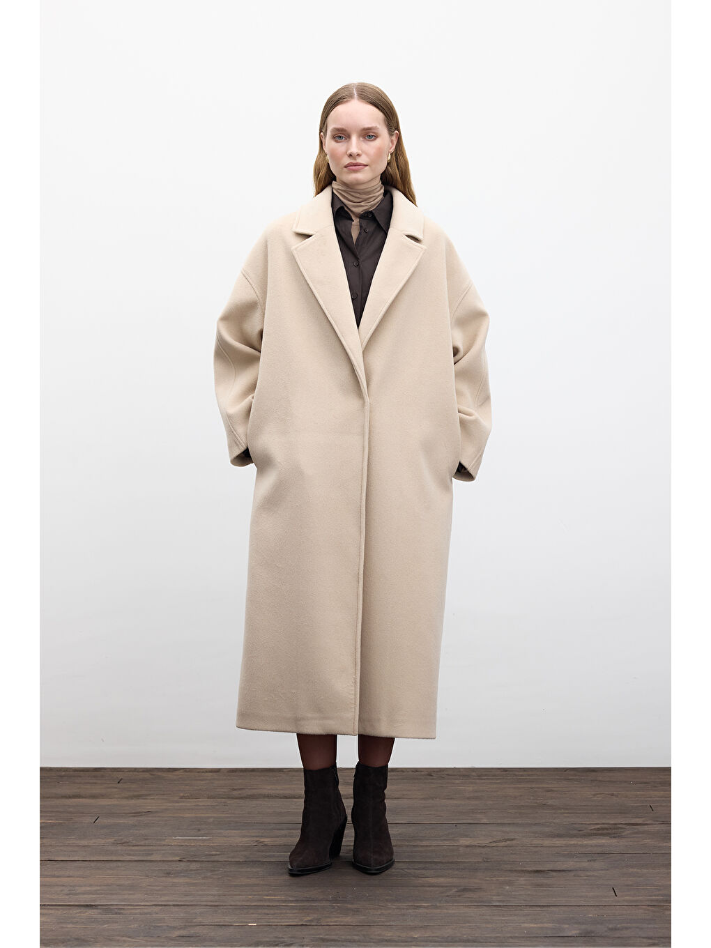 Bej Düz Kapama Kaşe Kaban Deve Tüyü-4