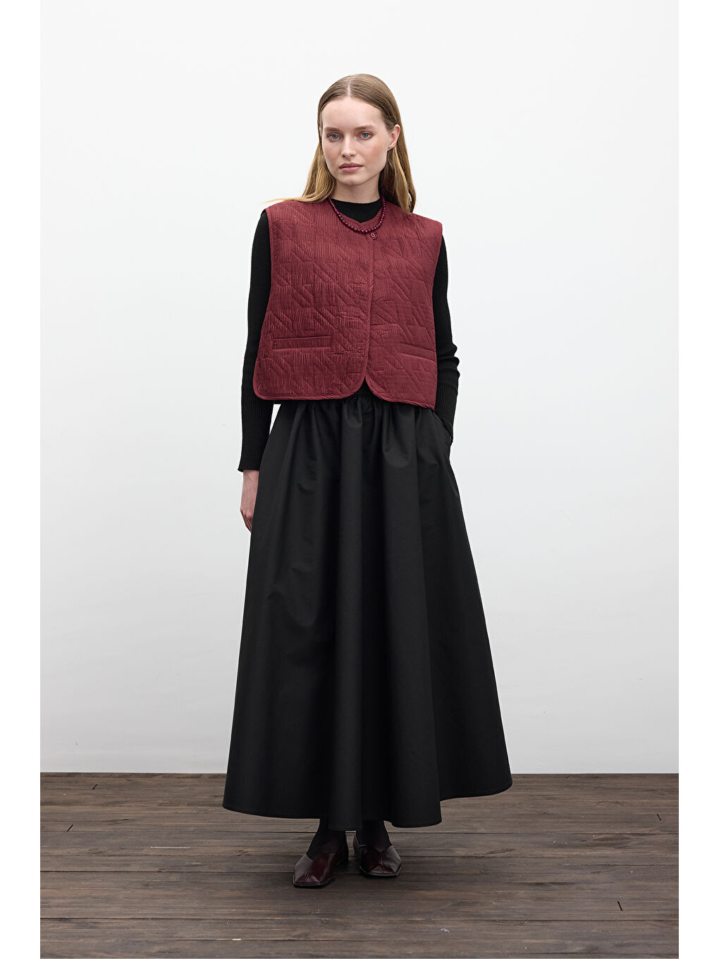 Kapitone Nakışlı Yelek Bordo-3